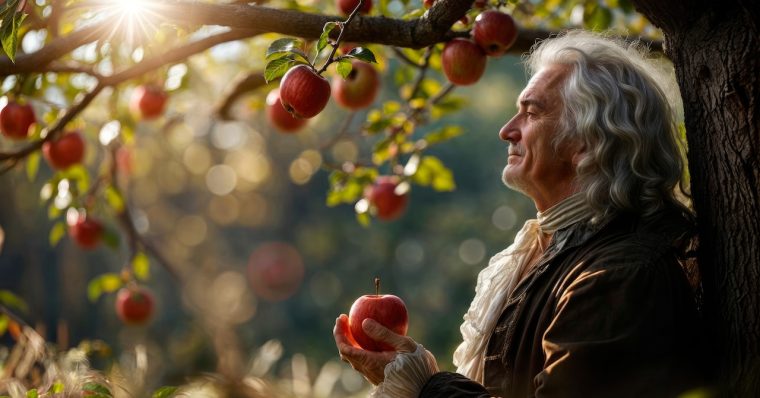 Isaac Newton under an Apple Tree, Holding an Apple, Contemplating His Theory, Reflecting on Physics, Science, and Genius.