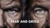 Split face with fear and greed text