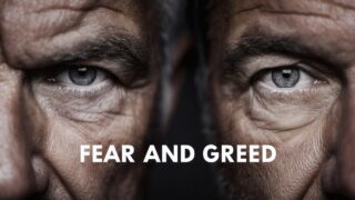 Split face with fear and greed text